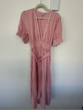 Red Gingham Maxi Dress with Lace Trim and Tie Waist